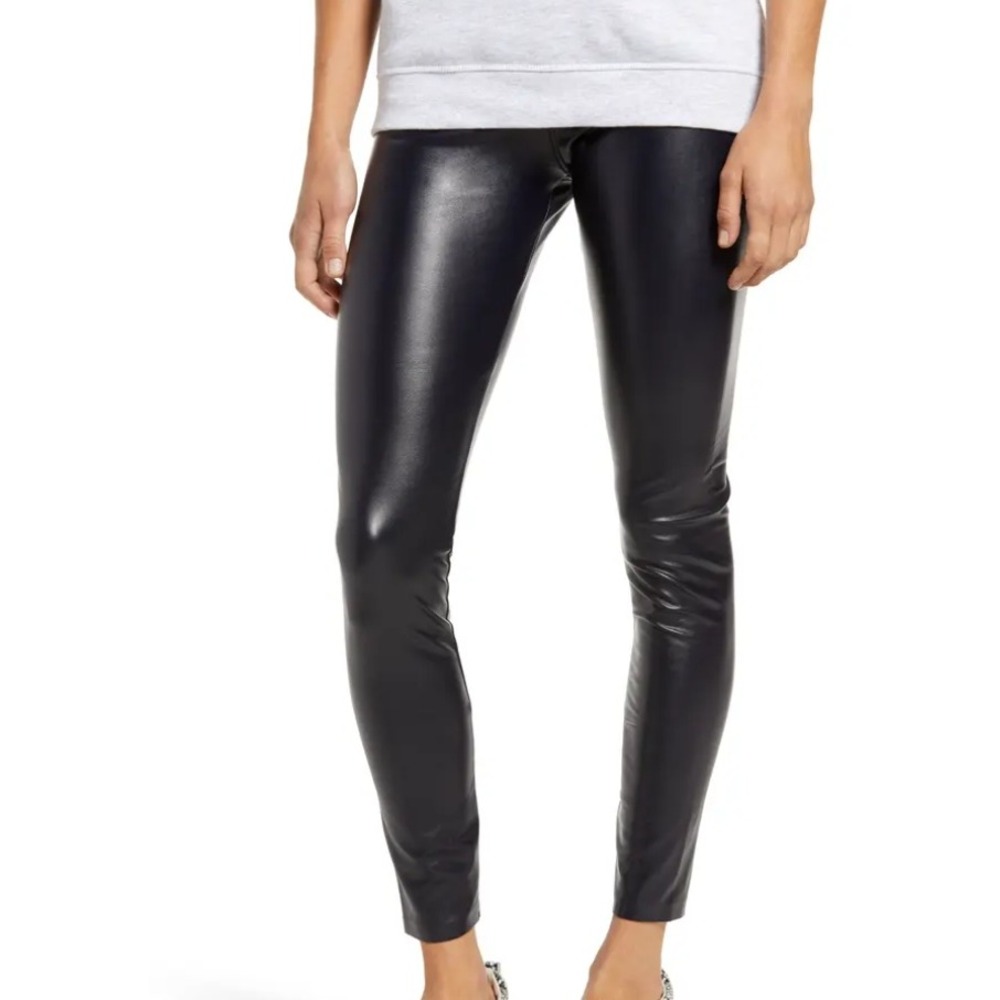 HUE Womens Small Black Faux Leather Leggings High Rise Stretch Pull On Pants
